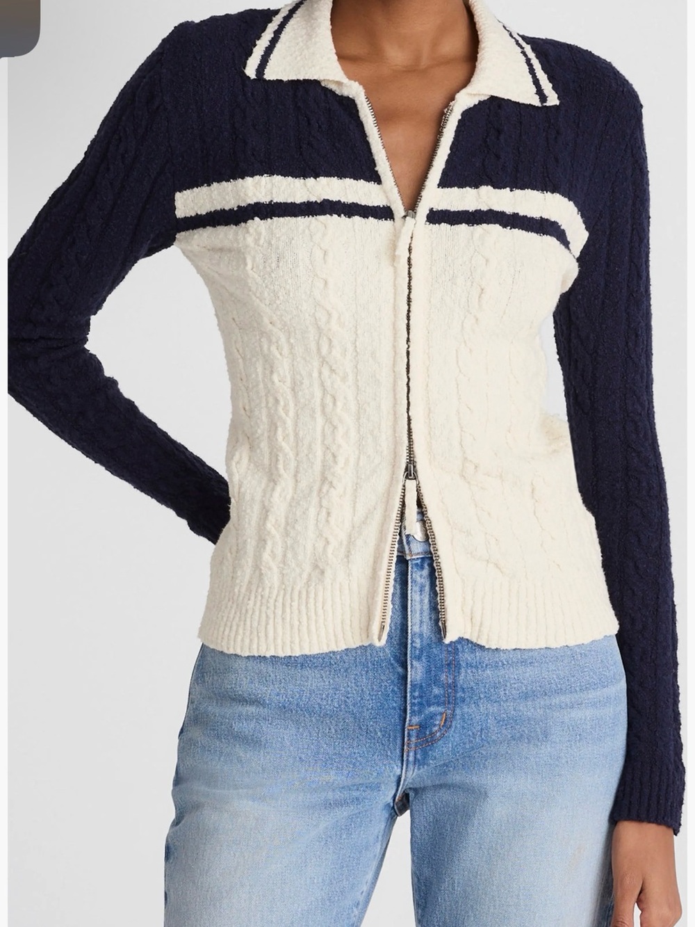 Navy and Cream Colorblock Cable Knit Zip Cardigan NWOT